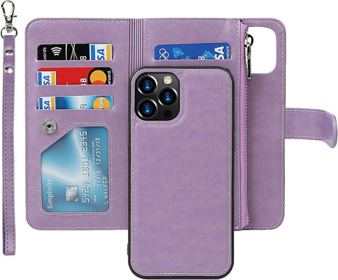iCoverCase iPhone 13 Pro Wallet Phone Case, PU Leather Zipper Pocket Magnetic Detachable Flip Case with Wrist Strap