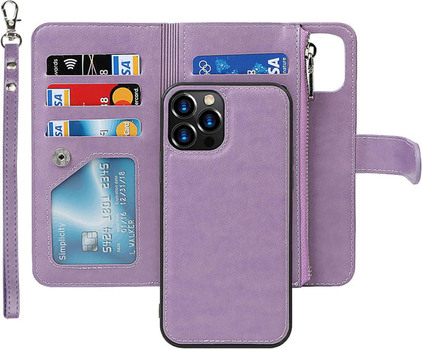 iCoverCase iPhone 13 Pro Wallet Phone Case, PU Leather Zipper Pocket Magnetic Detachable Flip Case with Wrist Strap