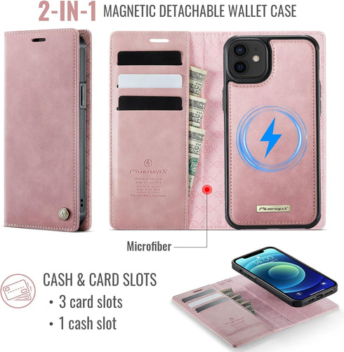 PlusnapX 12 12 2-in-1 12 Wallet Case for iPhone / iPhone Pro Compatible with Magsafe, PU Leather Flip RFID Blocking