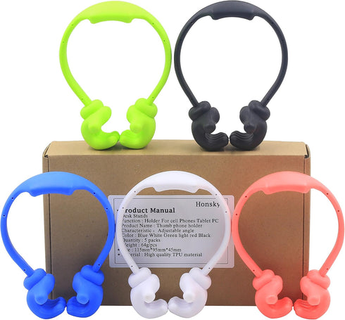 Honsky Thumbs-up Cell Phone Stand, Pack of 5 Universal Flexible Multi-Angle Holder, Blue Black Green White Pink