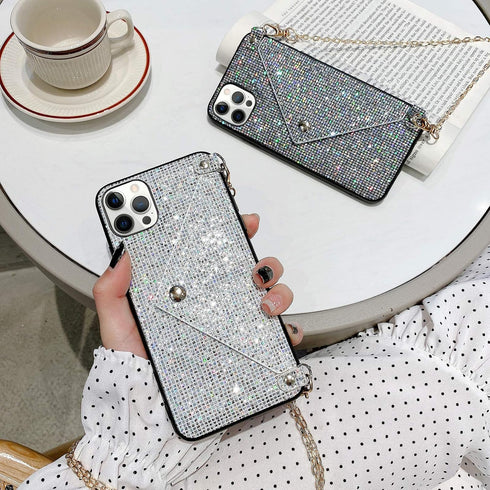 Omorro Glitter Diamond Sequins Wallet Case with Shiny Crossbody Chain for iPhone 12 Pro Max