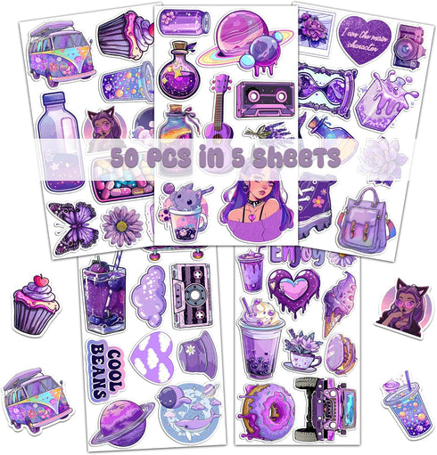 50 Pcs Kawaii Stickers for Kids Teens Girls Decoration Water Bottles Laptop Suitcases Bag Tablets Cute Vsco Aesthetic Vinyl Waterproof Purple Sticker by BIGZORO