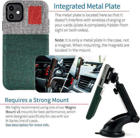 Dockem Wallet Case for iPhone 11 - Built-in Metal Plate for Magnetic Mounting & 2 Card Holders, Green & Grey