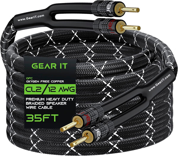 GearIT 12AWG Speaker Cable Wire with Gold-Plated Banana Tip Plugs (35 Feet) Heavy Duty Braided, Black