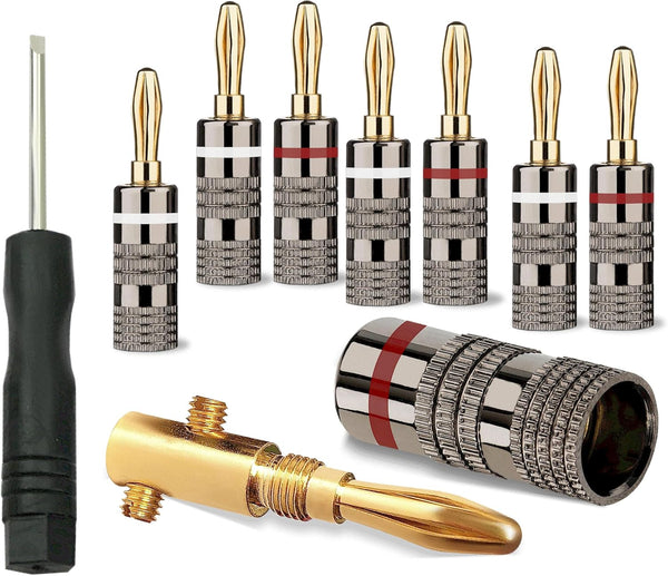 4 Pairs Banana Plugs (8 pcs: 4 White/4 Red), 24K Gold Plated Speaker Plug Connectors for Home Theater