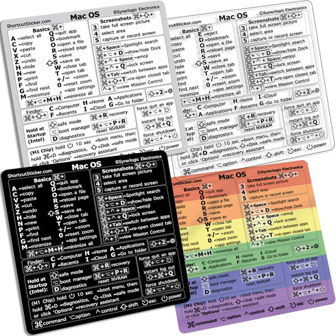 Synerlogic Mac OS Reference Keyboard Vinyl Shortcut Stickers, Compatible with MacBook Pro Air iMac Mini (4-Pack