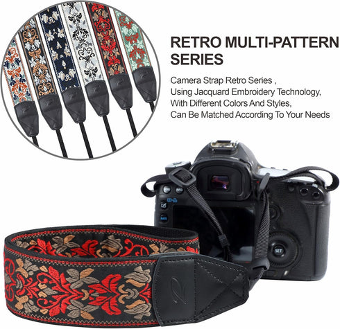 Padwa Lifestyle Camera Strap - 2" Wide Red Vintage Jacquard Embroidery Flower Strap with Genuine Leather Head,