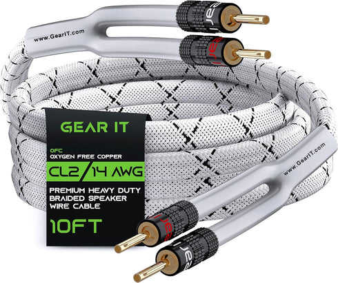 GearIT 14AWG Premium Heavy Duty Braided Speaker Wire Cable (10 Feet) - Dual Gold Plated Banana Plug Tips, White