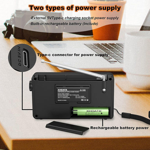 XHDATA D109 Portable Shortwave Radio, Battery Operated AM FM SW LW, DSP Good Reception, Bluetooth Speaker Alarm Clock
