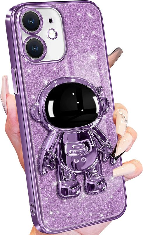 Buleens Clear Astronaut Phone Case for iPhone 11, Glitter Paper & Spaceman Stand, Cute Electroplated Sparkly Space