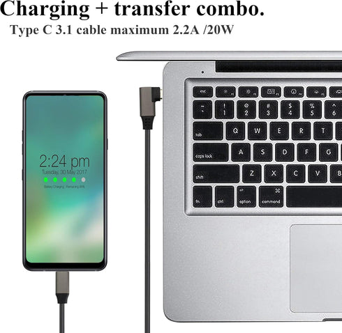 Right Angle Type C 3.1 Extension Cable - 4K@60Hz 90 Degree Type C USB Male to Male Connector Cable (1M/3Ft)