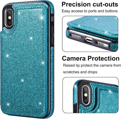 UEEBAI Case for iPhone XR, Premium Glitter PU Leather Wallet Cover with Card Slots, Stand Function, Blue#2