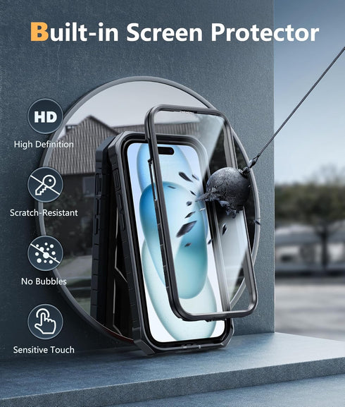 FNTCASE iPhone 15 Case: Rugged Black Dual Layer, Military Grade Shockproof, Kickstand, 6.1" Full Protection Cover.