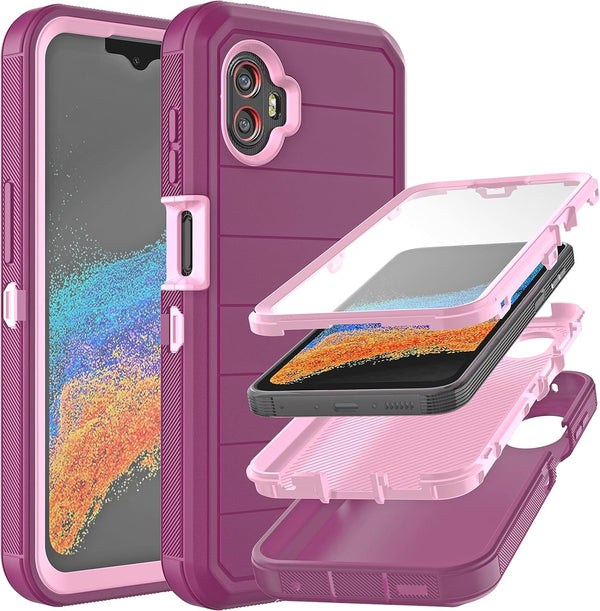 Galaxy Xcover 6 Pro Case with Built-in Screen Protector, 3-Layer Durable Shockproof Armor Drop Protection, Wine Red/Pink