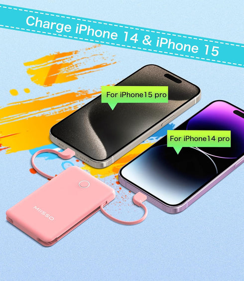 miisso 6000mAh Built-in Cables Power Bank, Travel Charger with USB C Cords, Card Size External Battery Pack, Blossom