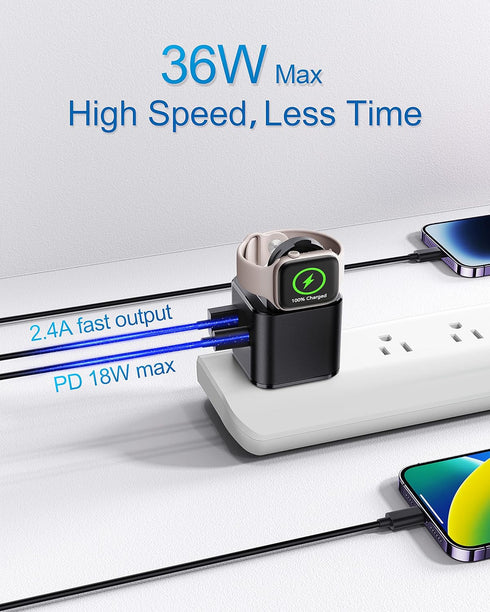 36W Apple Charging Block with Built-in Watch Charger, Foldable PD Fast Charger for iPhone, Dual Ports