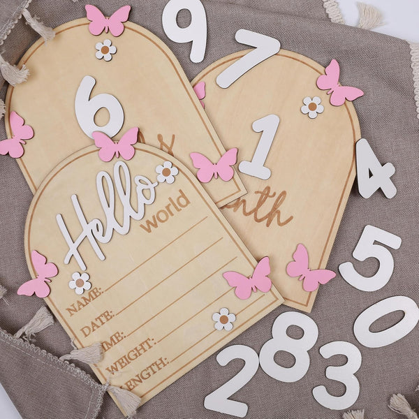 Pink Butterfly Hello World Newborns Welcome Board,3D Wooden Monthly Milestone Cards,Pink Butterfly