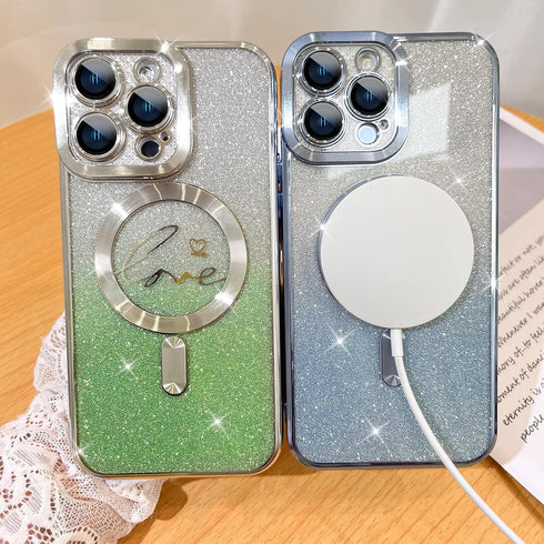 Fiyart iPhone 12 Pro Max Case - Blue Magnetic Glitter, Love Heart Plating, Clear, Shockproof, MagSafe Compatible, 6.7"