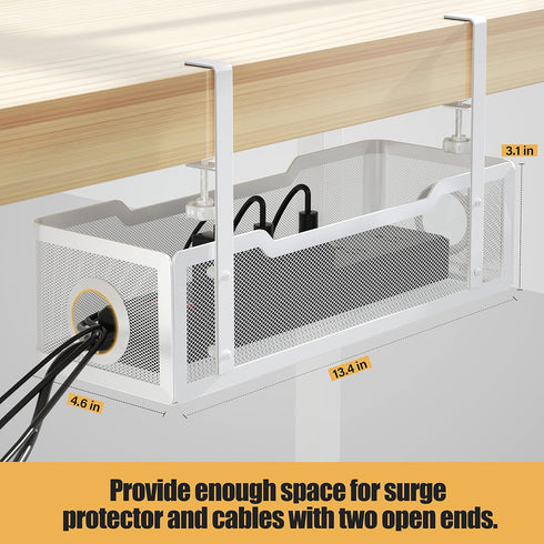 Under Desk Cable Management Tray, White Cinati Cable Organizer with Clamp for Desk Wire Management, No Damage