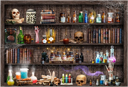 Funnytree 82" x 59" Mad Scientist Laboratory Backdrop for Kids Halloween, Creepy Skull Poison Apothecary Party Supplies