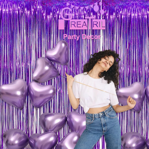 Purple Tinsel Curtain Party Backdrop, GREATRIL Foil Fringe Curtain for Hunters Mermaid Themed Decorations, Pack of 2.