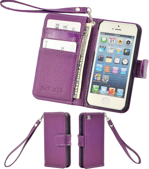 Wisdompro Wallet Case for iPhone 5, 5s, SE 2016, PU Leather Protective Cover with Credit Card Slots, Purple