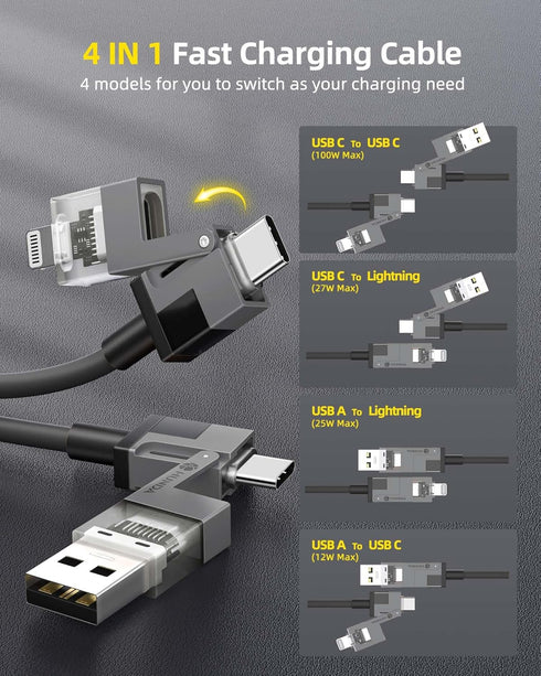 HUNDA 4 in 1 USB C to USB C Fast Charging Cable, iPhone Cords Fast Charging 100W Anti-Tangle Dual USB C Cable Combo Lightning/Type C/USB A Ports for iPhone 15/15 Pro/15 Pro Max(Dark Black)