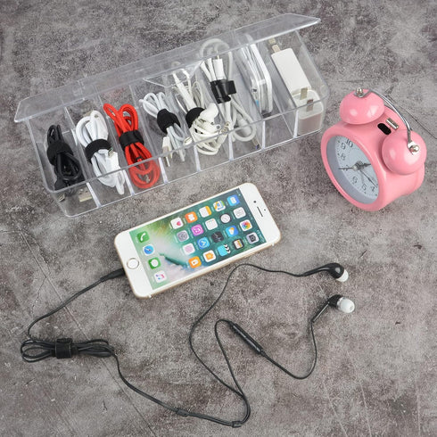 Acrylic Electronics Organizer - 8 Sections Clear Cable Storage Bin Box with 20 PCS 6 Inch Reusable Cable Tie Straps