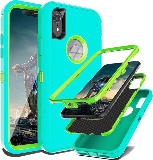 YmhxcY Shockproof Case for iPhone XR, 3-Layer Durable Phone Cover for Apple iPhone XR 6.1", Aqua Blue and Lime Green