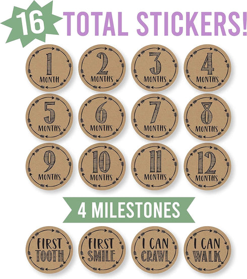 Hadley Designs Rustic Baby Monthly Milestone Stickers, 16 Stickers for Newborn Photo Props