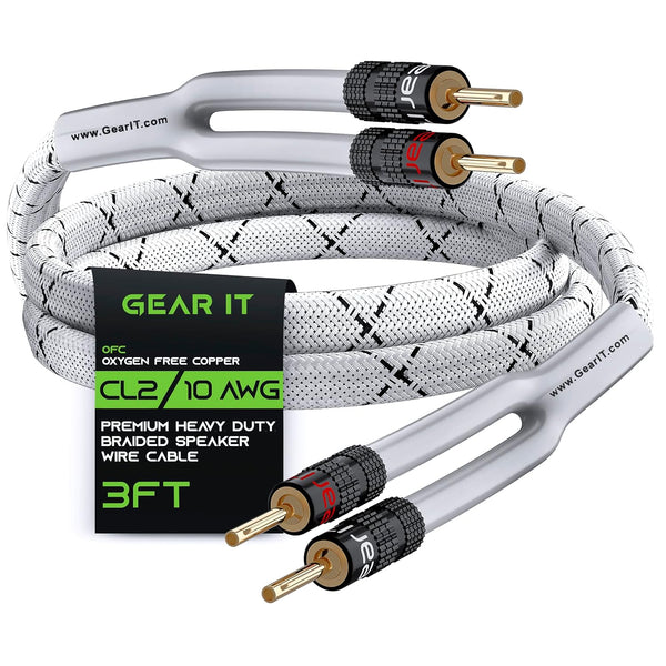 GearIT 10AWG Speaker Cable Wire, Gold-Plated Banana Tip Plugs, 3 Feet, In-Wall CL2 Rated, Heavy Duty Braided, White