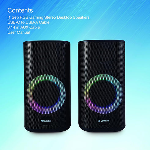 Verbatim RGB Gaming Stereo Desktop Speakers, Bluetooth 5.0, 3.5mm AUX-in Connection, Black
