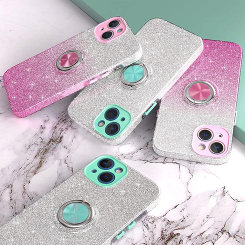 Slim Glitter Case for iPhone 13 with 360° Ring Holder Kickstand, Shock-Absorbent Protective Cover (Pink)