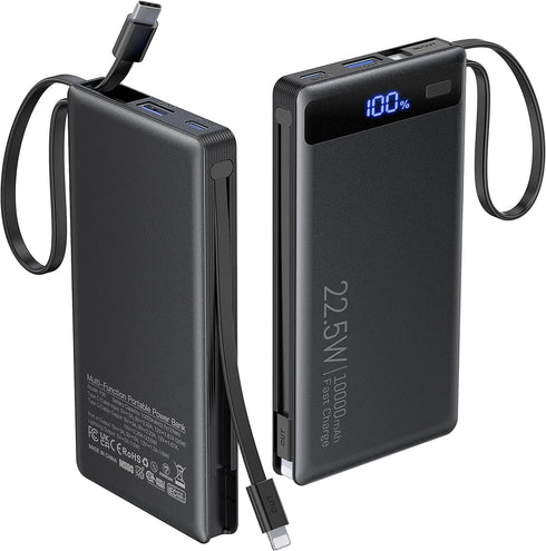 TEMINICE Power Bank with 2 Built-in Cables 10000mAh, 22.5W PD Slim Portable Charger