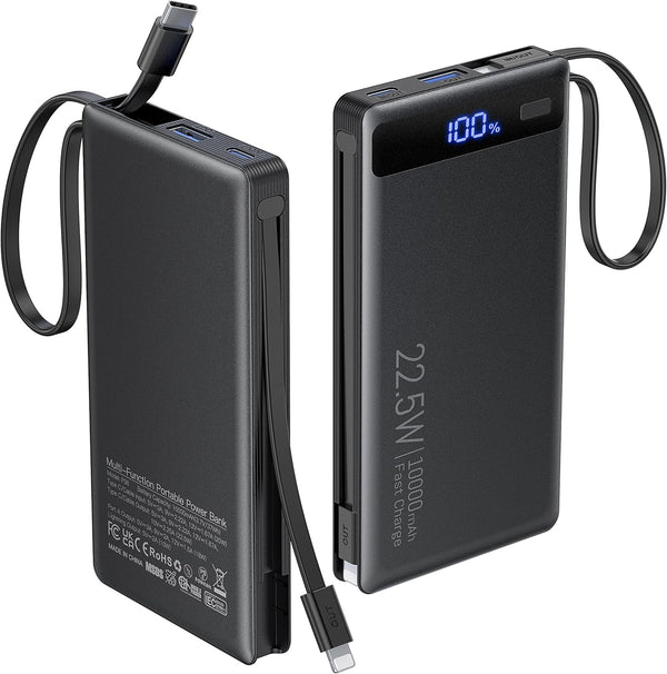 TEMINICE Power Bank with 2 Built-in Cables 10000mAh, 22.5W PD Slim Portable Charger