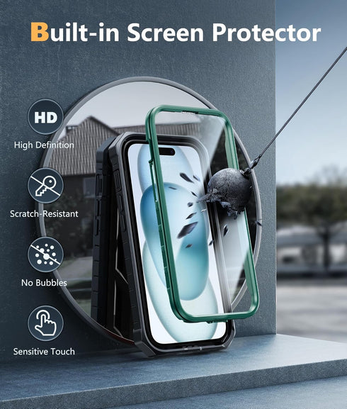 FNTCASE Military Grade Shockproof Full Protection Phone Case for iPhone 15, Dual Layer Matte Textured 6.1 Inch Green