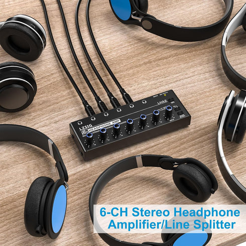 LZSIG Headphone Amplifier 6 Channel Metal Stereo Audio Amplifier, Mini Earphone Splitter with Power Adapter, TRS