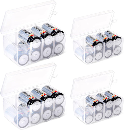 Set of 4 Battery Storage Box for C and D Batteries, Clear Holder Case