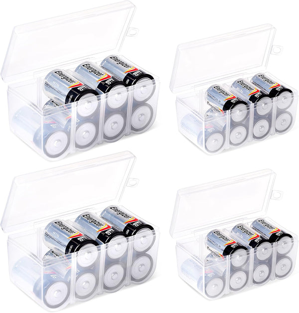 Set of 4 Battery Storage Box for C and D Batteries, Clear Holder Case