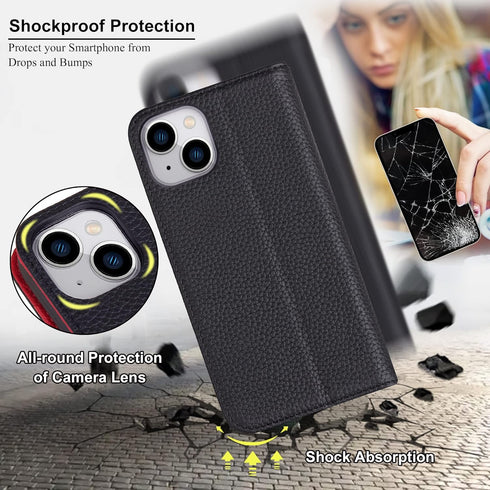 VISOUL 15 15(6.1-inch)(Black+Red) Folio Case Compatible with iPhone Wallet Case with Card Holder, Pebbled Real Leather