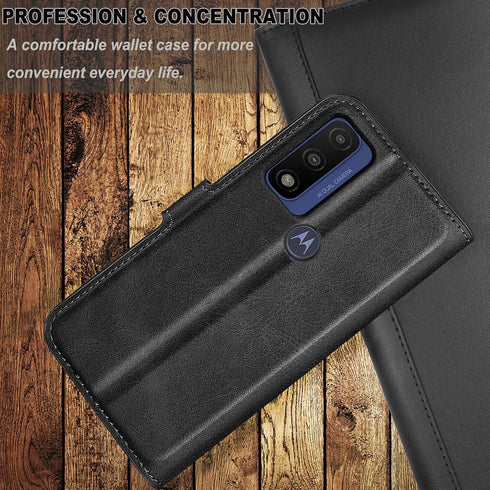 Motorola Moto G Pure Leather Flip Case - Wallet Black Phone Case with Card Holder Kickstand Magnetic Closure for Moto G