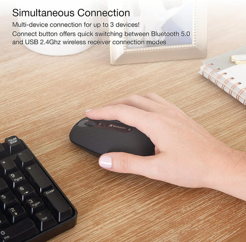Verbatim Rechargeable Multi-Device Bluetooth 5.0 USB 2.4Ghz Wireless Optical Mouse with Adjustable DPI, Black 70755