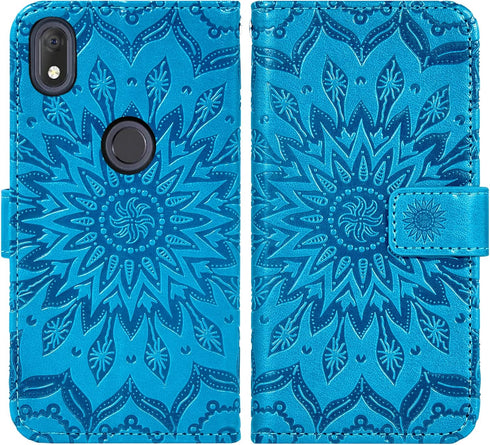 Asuwish Wallet Phone Case for Alcatel Lumos (DALN5023) / Axel (5004R) - Blue Sunflower Leather, Slim Flip, Card Holder,