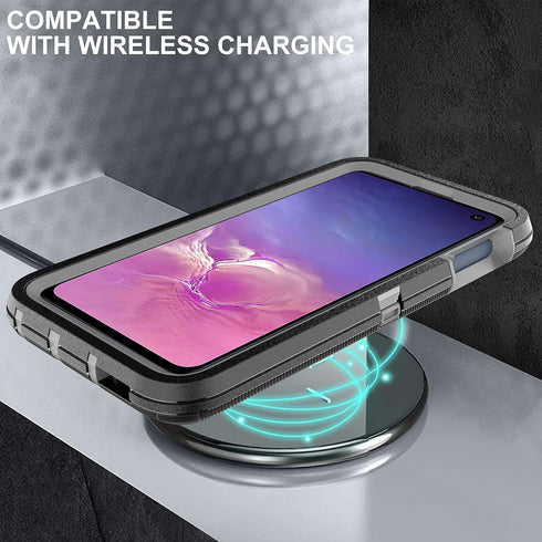 Galaxy S10E Case: 3-in-1 Heavy Duty Shockproof Protection with 2 Nano Explosion-Proof Films, Black/Grey