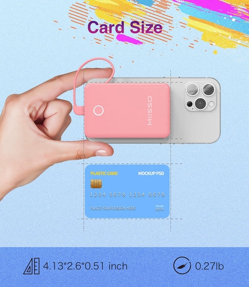 miisso 6000mAh Built-in Cables Power Bank, Travel Charger with USB C Cords, Card Size External Battery Pack, Blossom