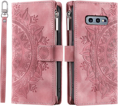 Asuwish Wallet Case for Samsung Galaxy S10e - Mandala Flower, Zipper Slot, Tempered Glass Protector, Rose Gold.