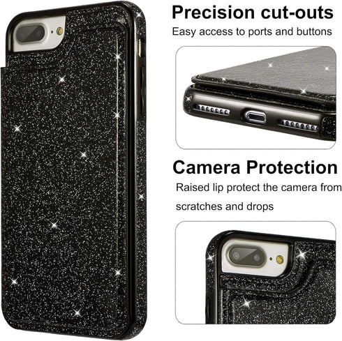 UEEBAI Case for iPhone 7 Plus 8 Plus, Premium Glitter PU Leather Wallet Cover with Card Slots, Black