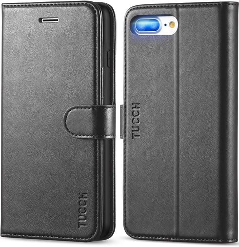 TUCCH Wallet Case for iPhone 8 Plus/iPhone 7 Plus, PU Leather Flip Cover with Card Slot, Black