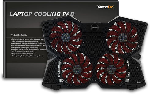 Portable Metal Mesh Laptop Cooler Pad, 4 Quiet Fans with Red LED Light, Adjustable Height, Black