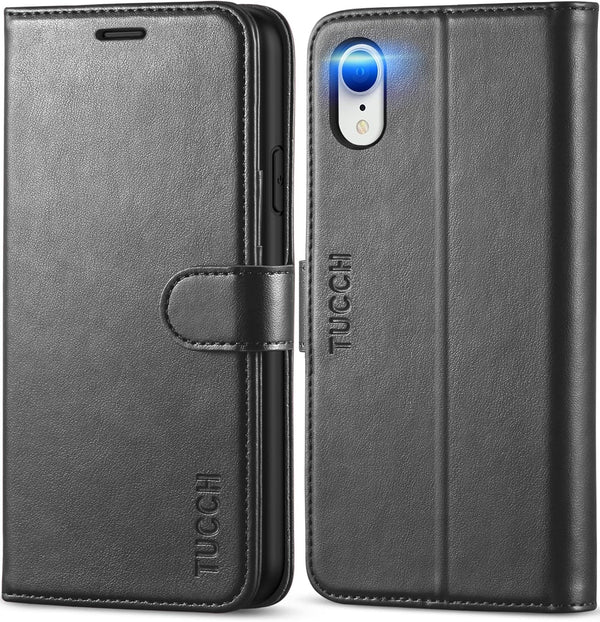 TUCCH Case Wallet for iPhone XR - Kickstand, RFID Blocking, Credit Card Slot, PU Leather Folio Cover, Black